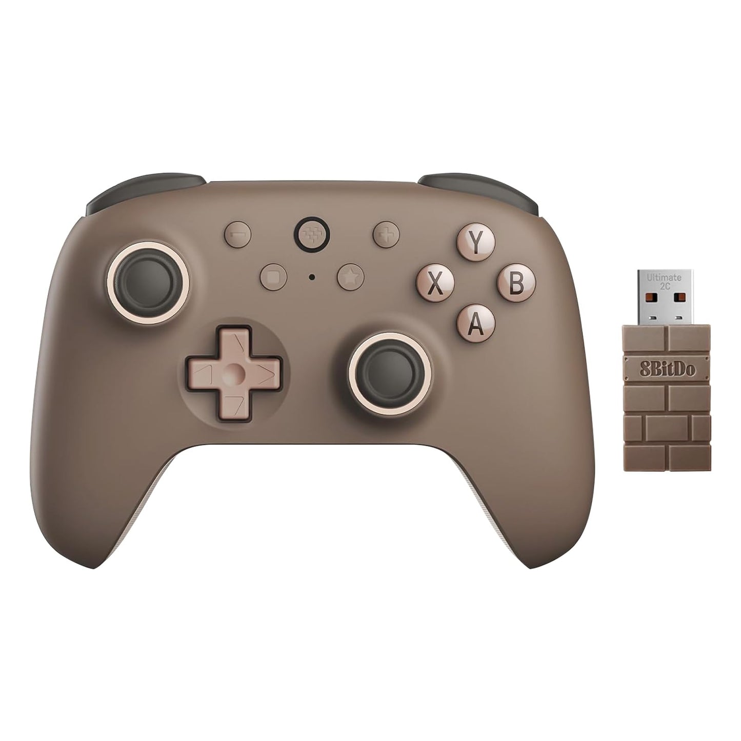 Brown gaming controller with USB receiver on a white background